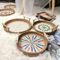 Круглый плетеный поднос для хранения Креативная корзина из ротанга с натуральными — для кухня — фото 2